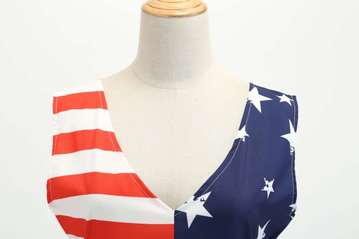 Independence Day V-neck Sleeveless Striped Star Print Swing 1950 Vintage Dress