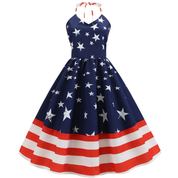 Independence Day Summer Women's Sexy V Neck Print Vintage A-Line Party 1950 Vintage Dress