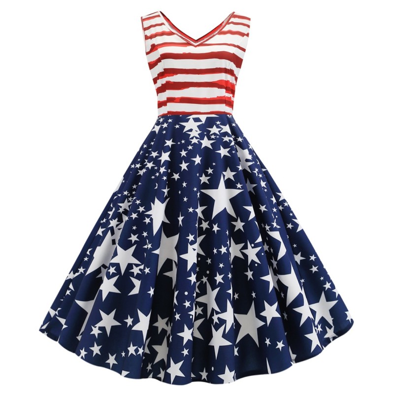 Independence Day Retro V Neck Sleeveless Striped Star Print Party Elegant Swing 1950 Vintage Dress
