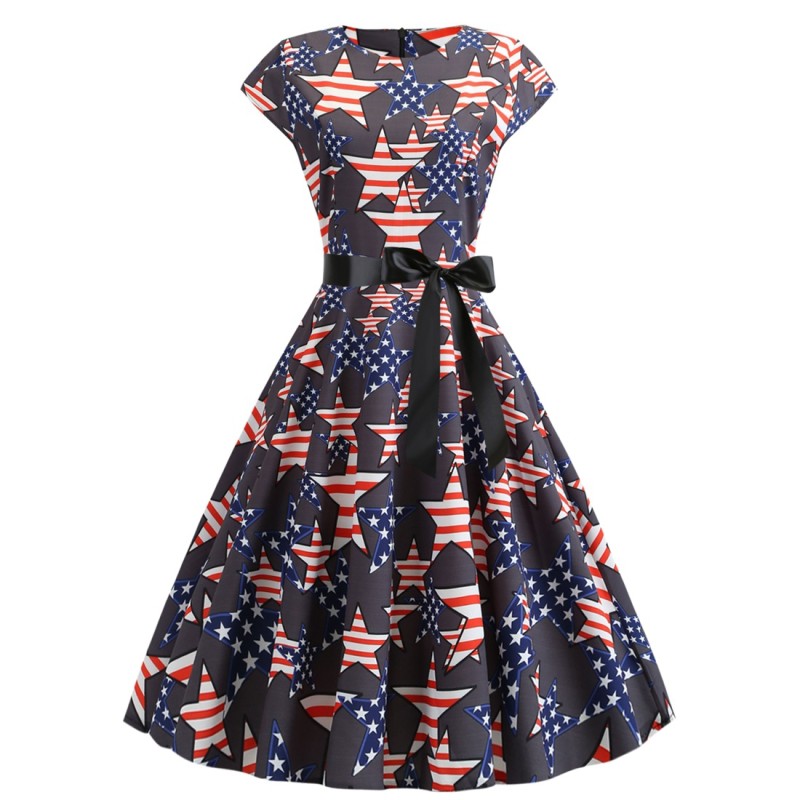 Independence Day Fashion Print Party Sexy Round Neck Swing 1950 Vintage Dress