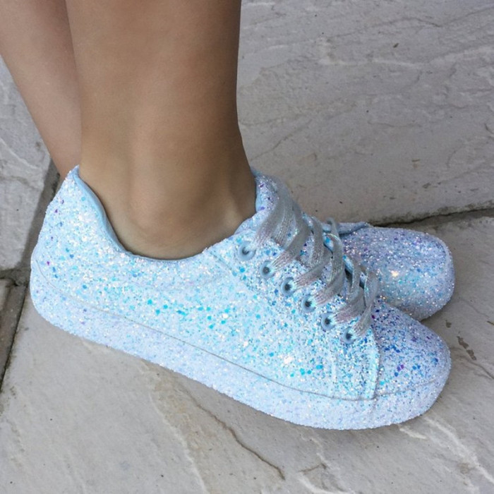 Women's Lace-Up Glitter Flat Vulcanized Casual Fashion Platform Sneakers