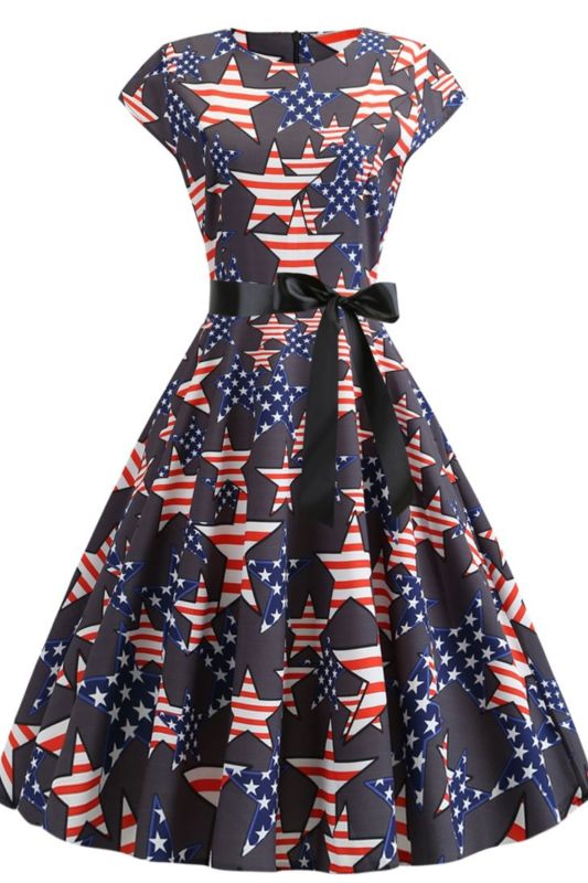 Independence Day Fashion Print Party Sexy Round Neck Swing 1950 Vintage Dress