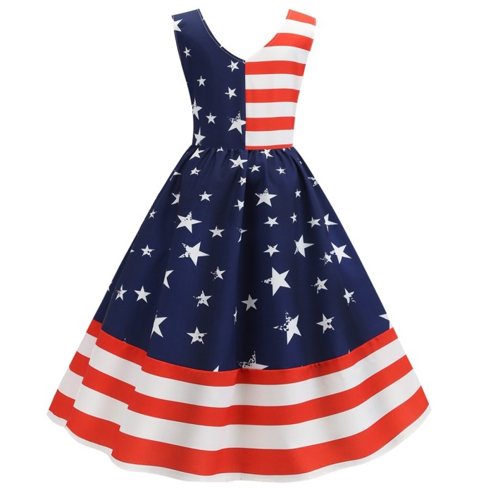 Independence Day V-neck Sleeveless Striped Star Print Swing 1950 Vintage Dress