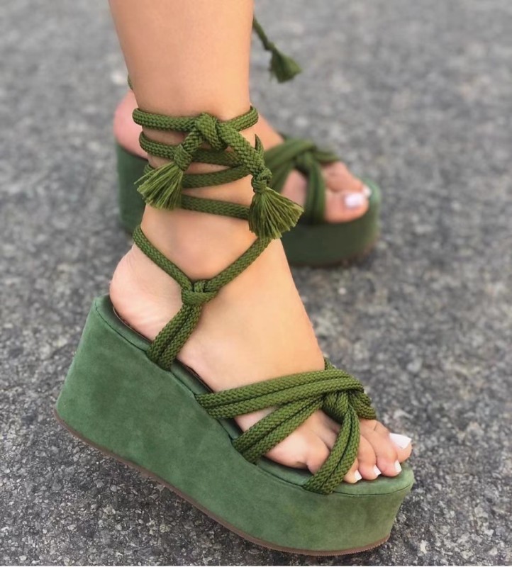 Platform Wedge Lace Up Fashion Round Toe Crossover Open Toe Women's Sandals