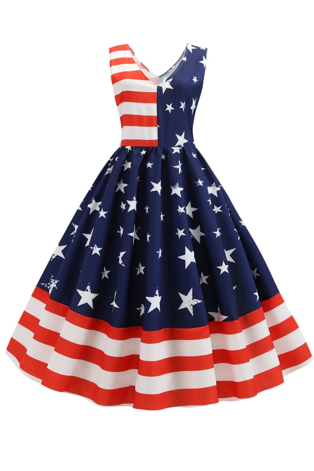 Vintage Independence Day Flag Art V Neck Elegant Chic Loose Short Sleeve Midi Dress