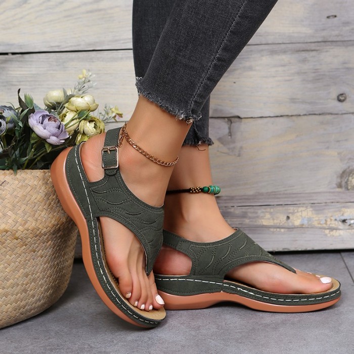 Summer Flat Open Toe Solid Color Casual Roman Wedge Thong Sandals