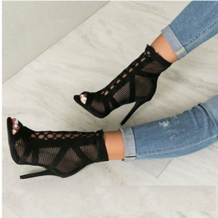 Women's Fashion Black Mesh Suede Cross Strap Sexy High Heel Sandals