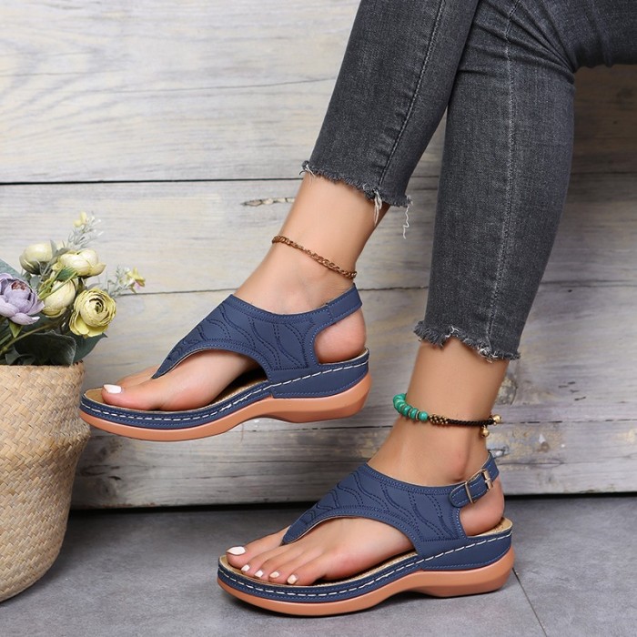 Summer Flat Open Toe Solid Color Casual Roman Wedge Thong Sandals