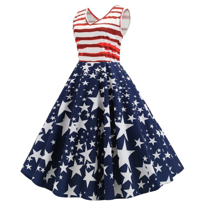 Independence Day Retro V Neck Sleeveless Striped Star Print Party Elegant Swing 1950 Vintage Dress