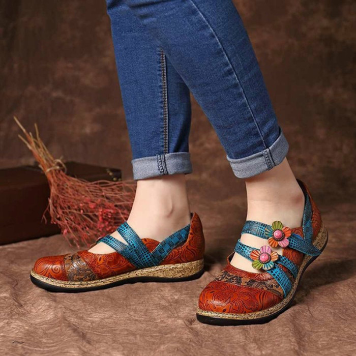 Women's Retro Floral Leather Mosaic Color Casual Flat Shoes