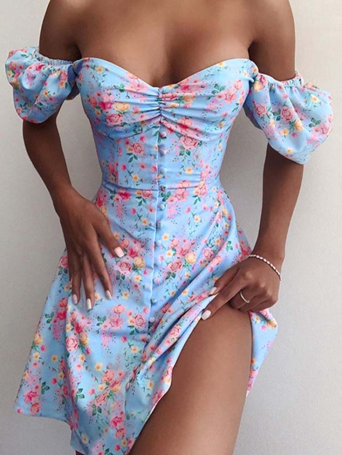 Women's Summer Sexy V Neck Printed Bohemian Slit Off Shoulder A-Line Mini Dress