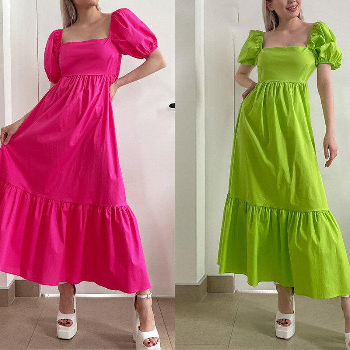 Summer Women Fashion Elegant Solid Color Pleated Elegant Ruffle Maxi Dress