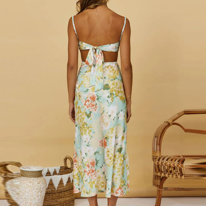 Summer Women's Print Sexy Backless Strap Elegant Slit Sling Midi Dress