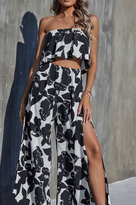 Summer Women's Fashion Printed Sleeveless Loose Sexy Slit Two-piece Suit