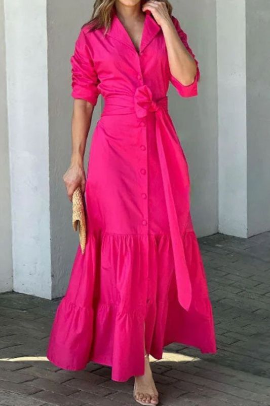 Women's Fashion Elegant Long Sleeve Lapel Tie Solid Color Party V-neck  Maxi Dress