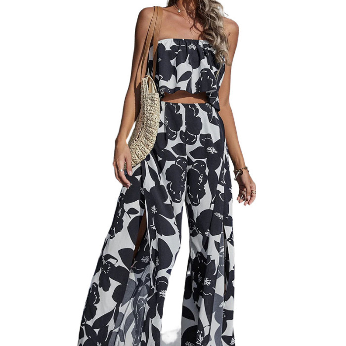 Summer Women's Fashion Printed Sleeveless Loose Sexy Slit Two-piece Suit