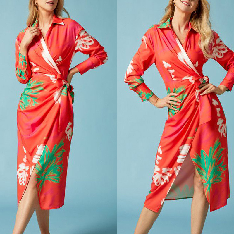 Lapel Tie Neck Printed Dress