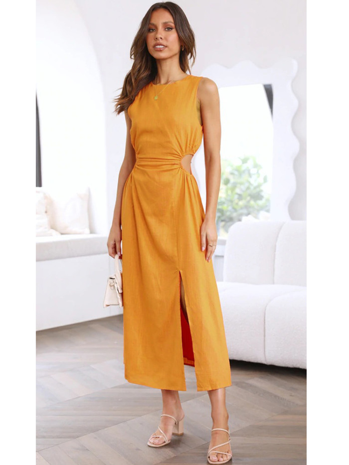 Fashion Hollow Summer Beach Sleeveless Solid Color Party Casual Midi Dress