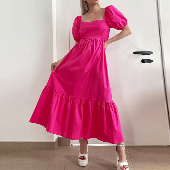 Summer Women Fashion Elegant Solid Color Pleated Elegant Ruffle Maxi Dress