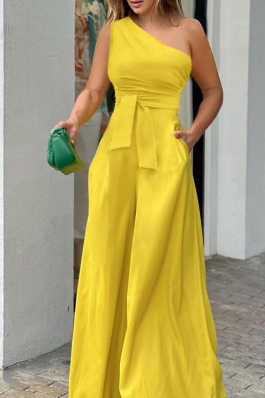 Fashion Off Shoulder Sleeveless Tie Casual Solid Color Pocket Wide Leg Long Jumpsuit