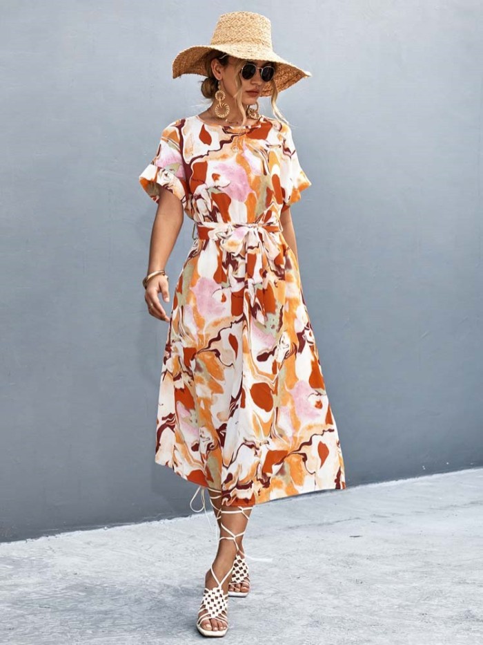 Summer Women's Printed Bohemian Party O-Neck A-Line Loose Midi Dress