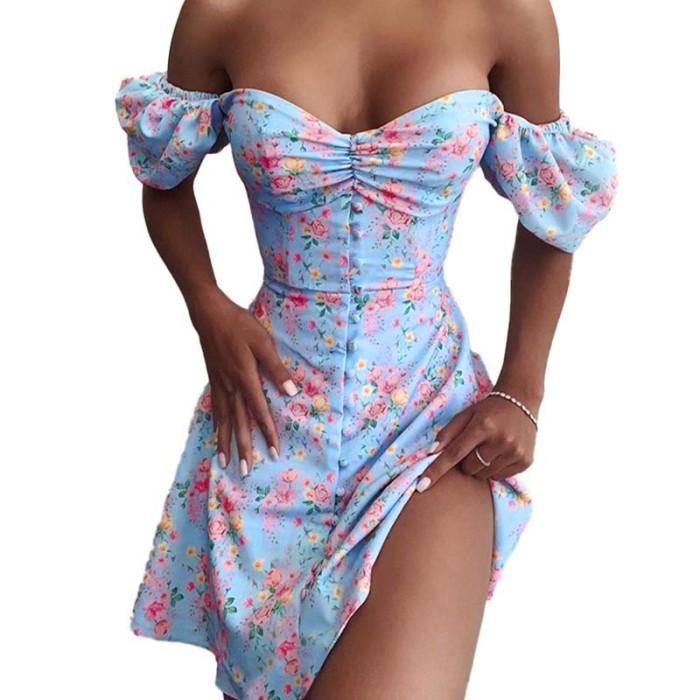 Women's Summer Sexy V Neck Printed Bohemian Slit Off Shoulder A-Line Mini Dress