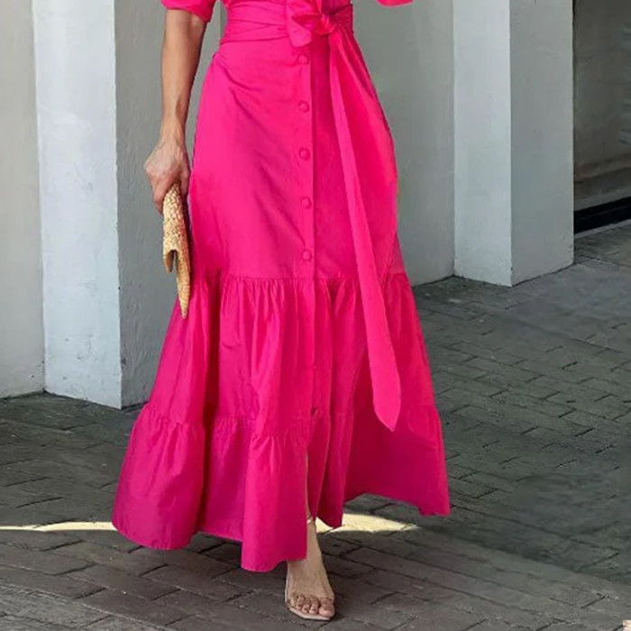 Women's Fashion Elegant Long Sleeve Lapel Tie Solid Color Party V-neck  Maxi Dress