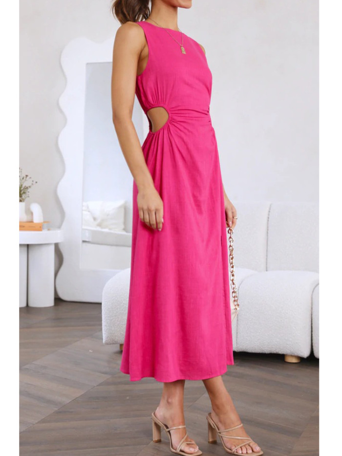 Fashion Hollow Summer Beach Sleeveless Solid Color Party Casual Midi Dress