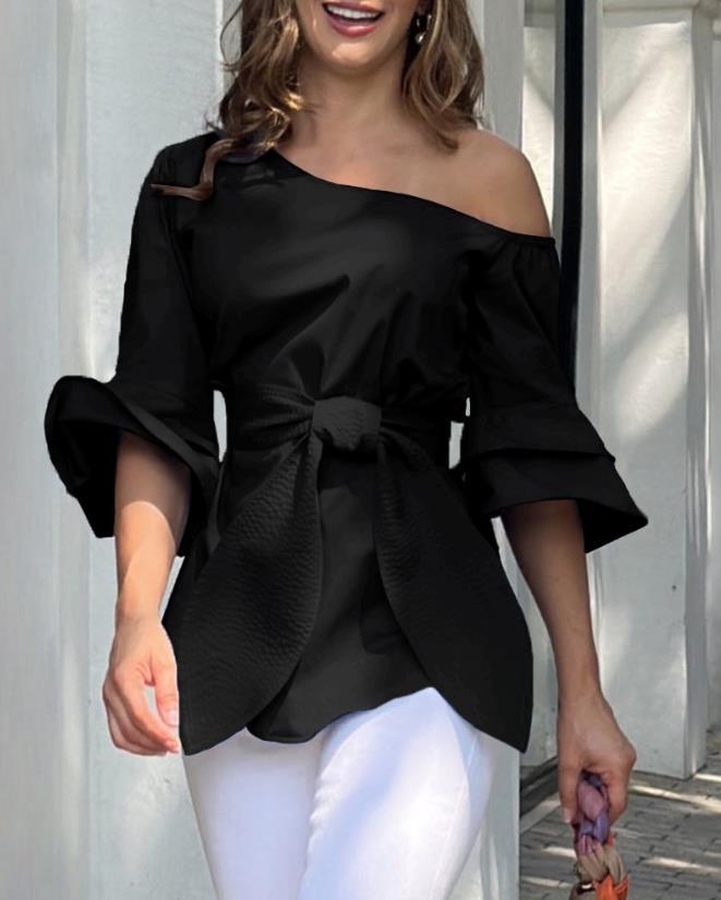 Fashion Casual Cold Shoulder Stacked Sleeve Solid Color Everyday Three Quarter  Blouses & Shirts