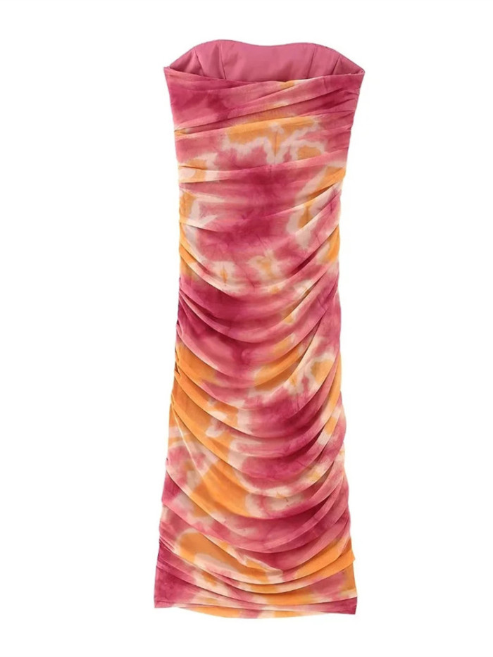 Trendy Crinkled Tulle Tie-Dye Bodysuit Backless Sexy  Maxi Dress