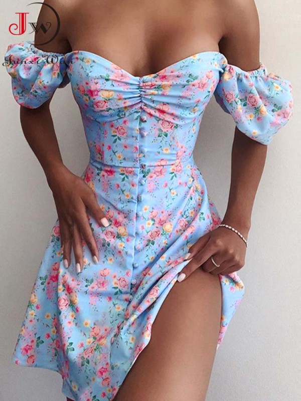 Women's Summer Sexy V Neck Printed Bohemian Slit Off Shoulder A-Line Mini Dress