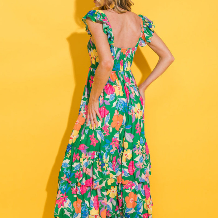 Women's Fashion Summer Printed Barrel Neck Waist Neck Party Elegant Pleated Maxi Dress