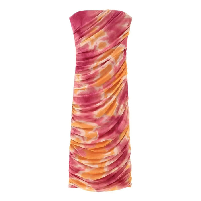 Trendy Crinkled Tulle Tie-Dye Bodysuit Backless Sexy  Maxi Dress
