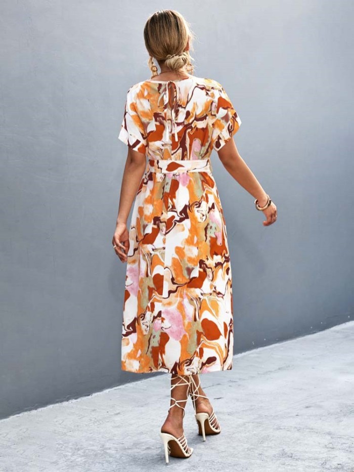 Summer Women's Printed Bohemian Party O-Neck A-Line Loose Midi Dress