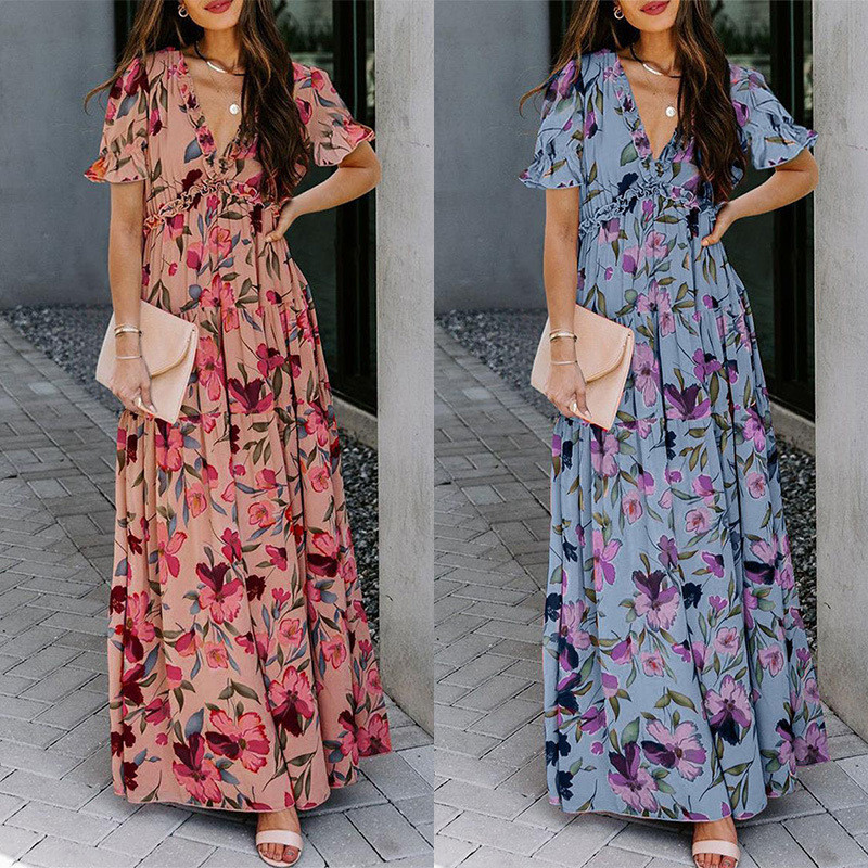 Summer Women's Fashion Retro Sexy V-neck Temperament Floral  Maxi Dress