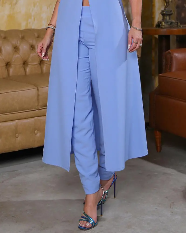 Summer Casual Women's Fashion Slit Jacket and Pants  Two Pieces Set
