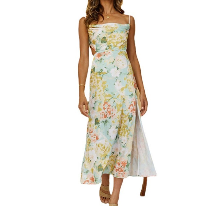 Summer Women's Print Sexy Backless Strap Elegant Slit Sling Midi Dress