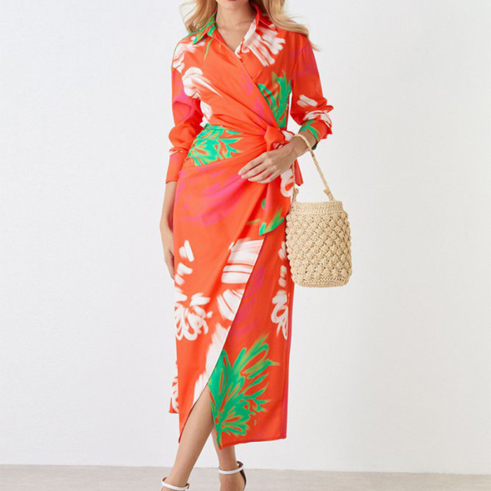 Summer Fashion Print Lapel Tie Party Pleated  Maxi Dress
