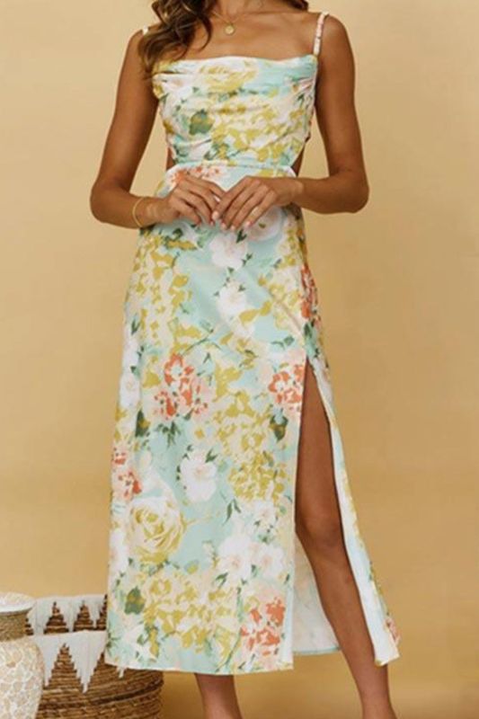 Summer Women's Print Sexy Backless Strap Elegant Slit Sling Midi Dress