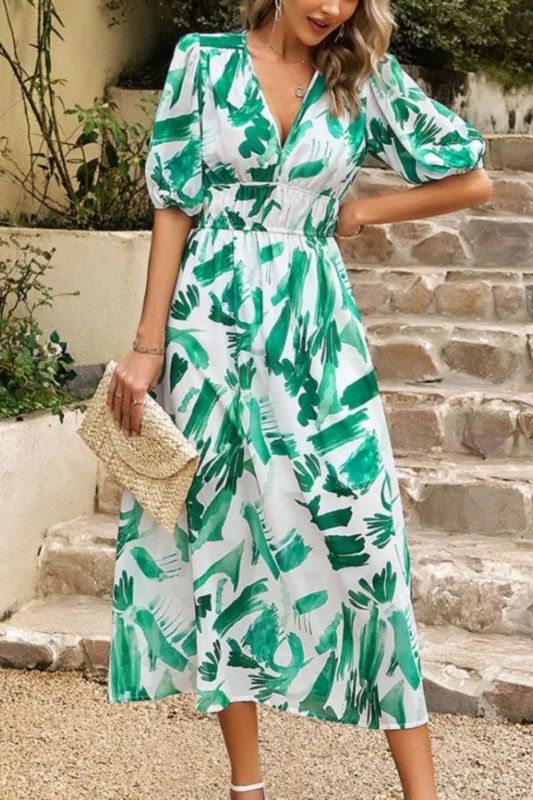 Summer Mesh Printed Lantern Sleeve Retro Elegant V Chic Party  Midi Dress