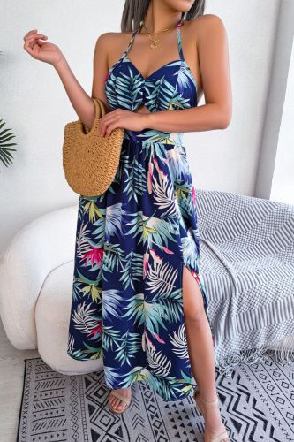 Summer Flowers Sleeveless Hollow Strap Holiday Beach Sexy Hanging Neck Slit  Maxi Dress