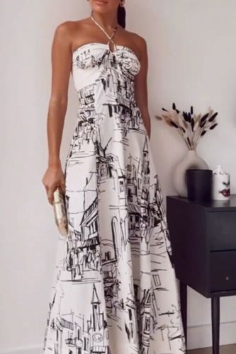 Fashion Sexy Printed Backless Skinny Off-Shoulder Pleated  Maxi Dress