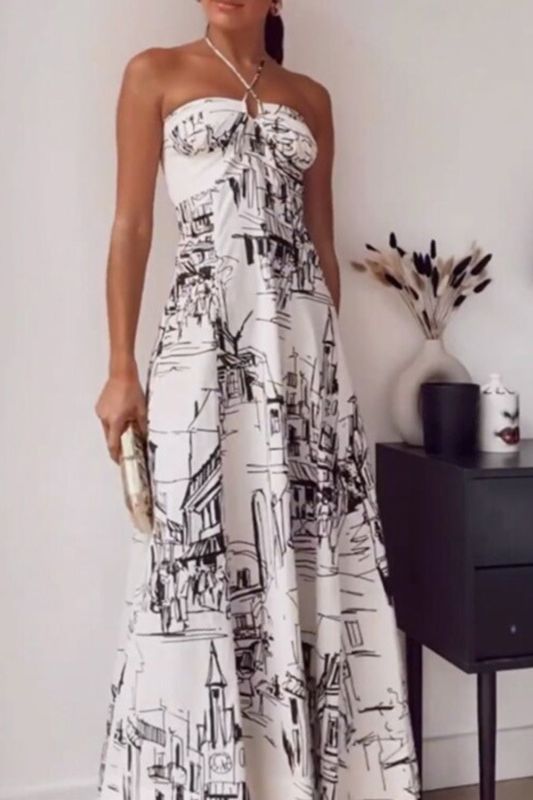 Fashion Sexy Printed Backless Skinny Off-Shoulder Pleated  Maxi Dress