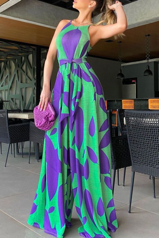 Women Fashion Print Loose Casual Lace Jumpsuit
