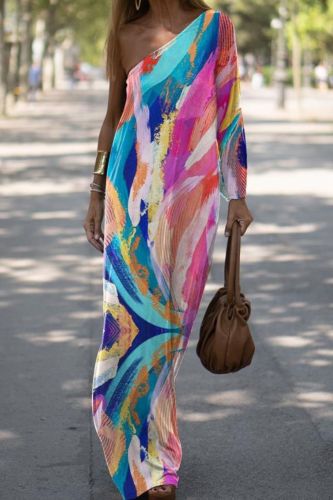 Chic Print One Shoulder Elegant Asymmetric Casual Loose Maxi Dress