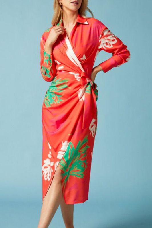 Summer Fashion Print Lapel Tie Party Pleated  Maxi Dress