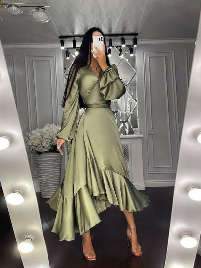 Women's V Neck Long Sleeve Solid Color Slim Fit Ruffle A Line Elegant Casual Maxi Dress