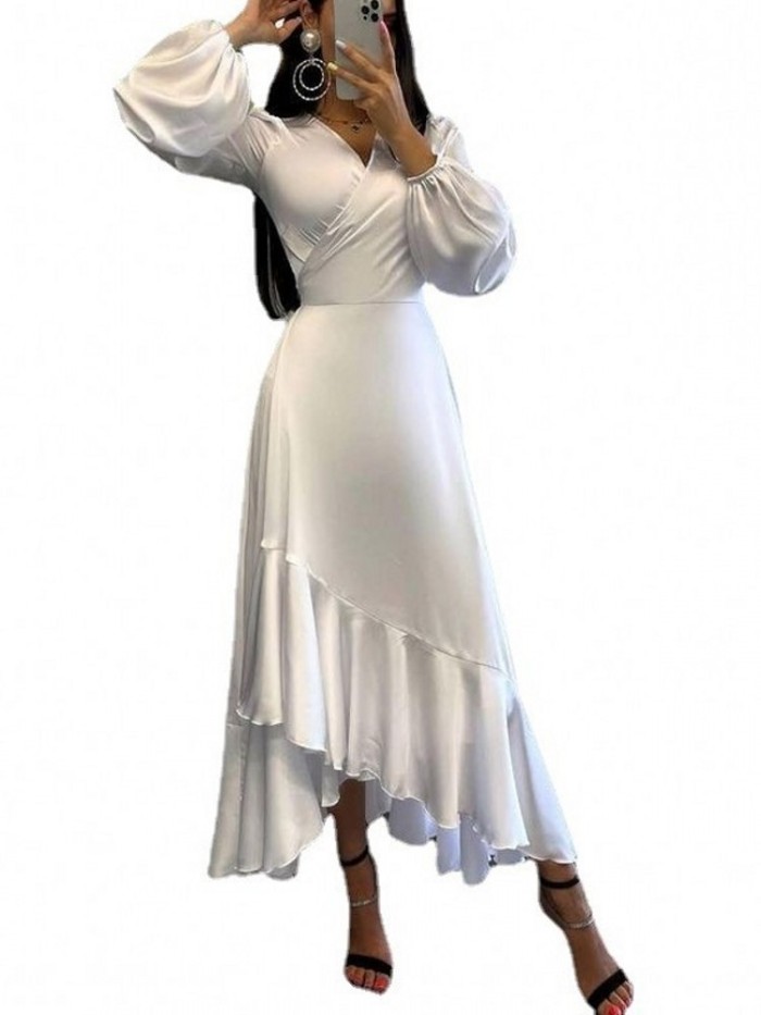Women's V Neck Long Sleeve Solid Color Slim Fit Ruffle A Line Elegant Casual Maxi Dress