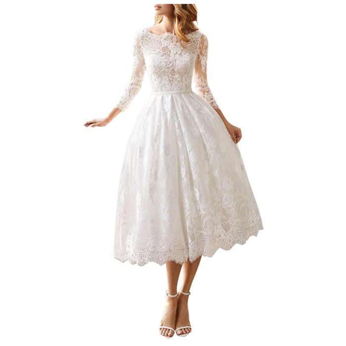 Wedding Dress White Lace Solid Color Long Sleeves A-Line Fashion Party Elegant Prom Dress