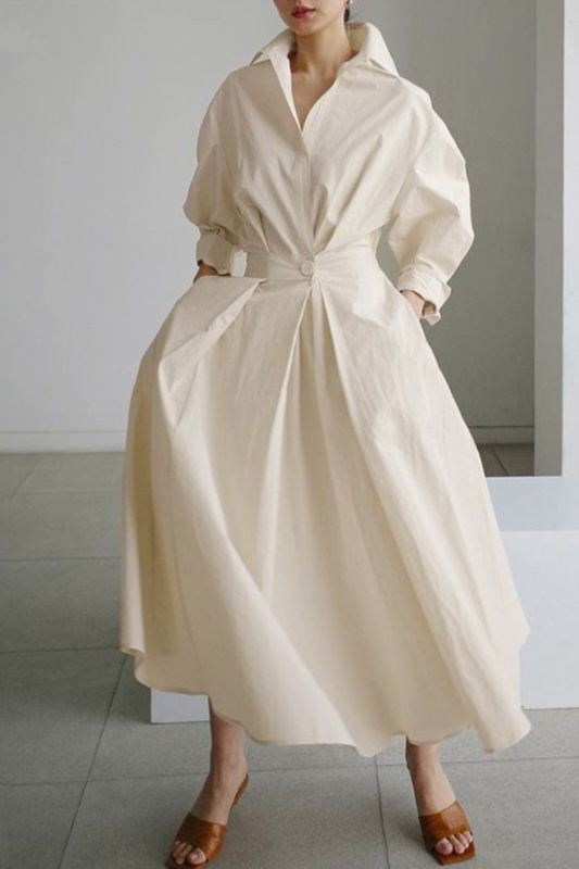 Cotton Linen Solid Color Shirt Stitching Casual Work High Waist Loose Party Maxi Dress